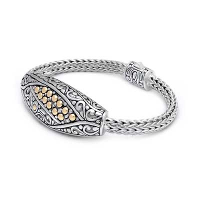 Gold & Silver bracelet, scale dragon chain round 6mm, spring lock with 18K gold hammer motif and white topaz pave stones