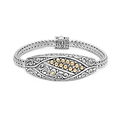 Gold & Silver bracelet, scale dragon chain round 6mm, spring lock with 18K gold hammer motif and white topaz pave stones