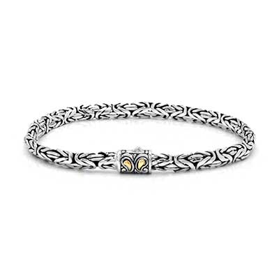 Gold & Silver bracelet, scale dragon chain round 6mm, spring lock with 18K gold hammer motif and white topaz pave stones