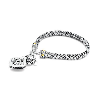 Gold & Silver bracelet, scale dragon chain round 6mm, spring lock with 18K gold hammer motif and white topaz pave stones