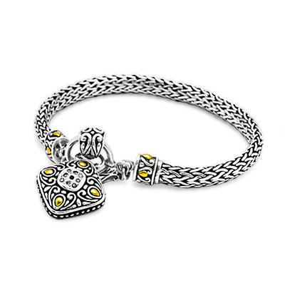 Gold & Silver bracelet, scale dragon chain round 6mm, spring lock with 18K gold hammer motif and white topaz pave stones