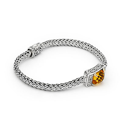 Gold & Silver bracelet, scale dragon chain round 6mm, spring lock with 18K gold hammer motif and white topaz pave stones