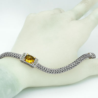 Gold & Silver bracelet, scale dragon chain round 6mm, spring lock with 18K gold hammer motif and white topaz pave stones