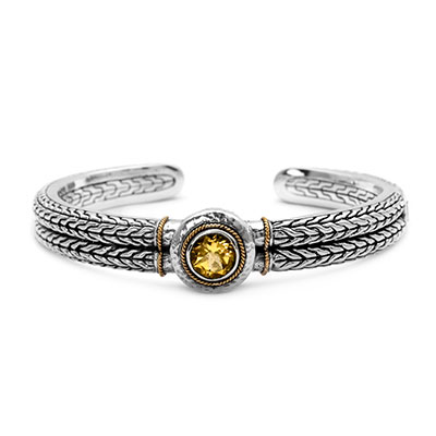 Gold & Silver bracelet, scale dragon chain round 6mm, spring lock with 18K gold hammer motif and white topaz pave stones