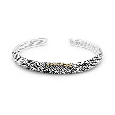 Gold & Silver bracelet, scale dragon chain round 6mm, spring lock with 18K gold hammer motif and white topaz pave stones