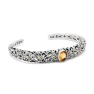 Gold & Silver bracelet, scale dragon chain round 6mm, spring lock with 18K gold hammer motif and white topaz pave stones