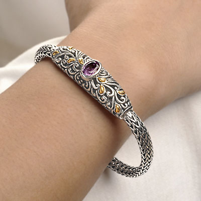 Gold & Silver bracelet, scale dragon chain round 6mm, spring lock with 18K gold hammer motif and white topaz pave stones