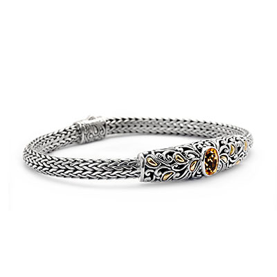 Gold & Silver bracelet, scale dragon chain round 6mm, spring lock with 18K gold hammer motif and white topaz pave stones