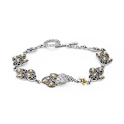 Gold & Silver bracelet, scale dragon chain round 6mm, spring lock with 18K gold hammer motif and white topaz pave stones