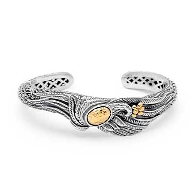 Gold & Silver bracelet, scale dragon chain round 6mm, spring lock with 18K gold hammer motif and white topaz pave stones