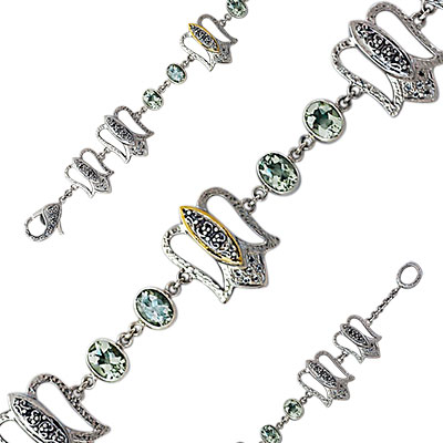 Gold & Silver bracelet, scale dragon chain round 6mm, spring lock with 18K gold hammer motif and white topaz pave stones