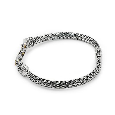 Gold & Silver bracelet, scale dragon chain round 6mm, spring lock with 18K gold hammer motif and white topaz pave stones