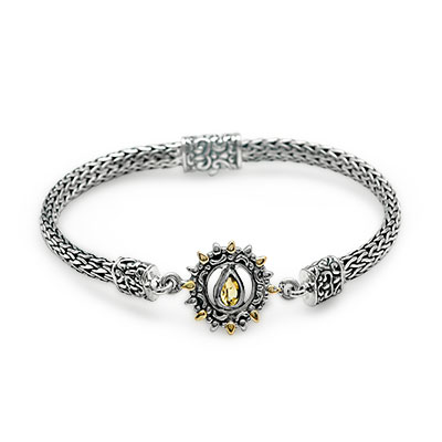 Gold & Silver bracelet, scale dragon chain round 6mm, spring lock with 18K gold hammer motif and white topaz pave stones