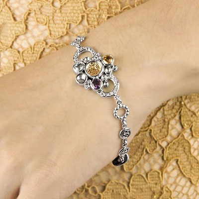 Gold & Silver bracelet, scale dragon chain round 6mm, spring lock with 18K gold hammer motif and white topaz pave stones