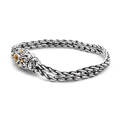 Gold & Silver bracelet, scale dragon chain round 6mm, spring lock with 18K gold hammer motif and white topaz pave stones