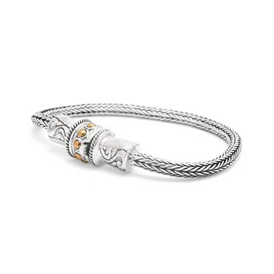 Gold & Silver bracelet, scale dragon chain round 6mm, spring lock with 18K gold hammer motif and white topaz pave stones