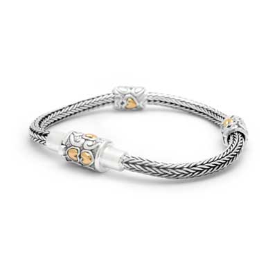 Gold & Silver bracelet, scale dragon chain round 6mm, spring lock with 18K gold hammer motif and white topaz pave stones