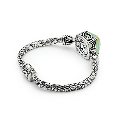 Gold & Silver bracelet, scale dragon chain round 6mm, spring lock with 18K gold hammer motif and white topaz pave stones