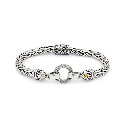 Gold & Silver bracelet, scale dragon chain round 6mm, spring lock with 18K gold hammer motif and white topaz pave stones