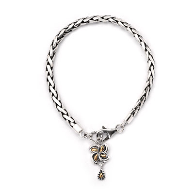 Gold & Silver bracelet, scale dragon chain round 6mm, spring lock with 18K gold hammer motif and white topaz pave stones