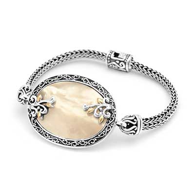 Gold & Silver bracelet, scale dragon chain round 6mm, spring lock with 18K gold hammer motif and white topaz pave stones