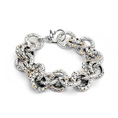 Gold & Silver bracelet, scale dragon chain round 6mm, spring lock with 18K gold hammer motif and white topaz pave stones