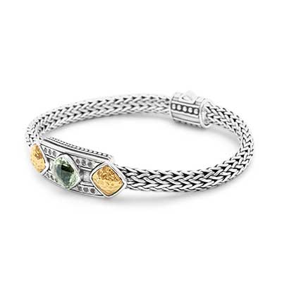 Gold & Silver bracelet, scale dragon chain round 6mm, spring lock with 18K gold hammer motif and white topaz pave stones