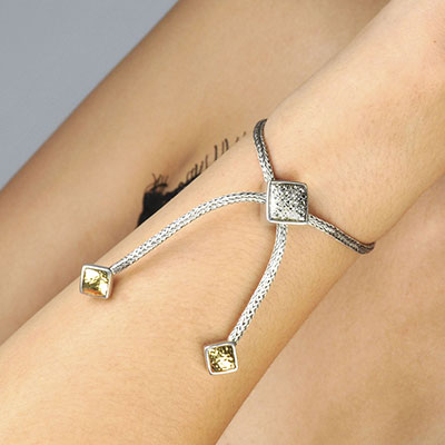 Gold & Silver bracelet, scale dragon chain round 6mm, spring lock with 18K gold hammer motif and white topaz pave stones