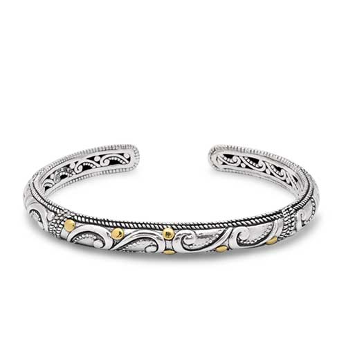 Gold & Silver bracelet, scale dragon chain round 6mm, spring lock with 18K gold hammer motif and white topaz pave stones