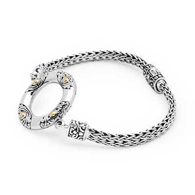 Gold & Silver bracelet, scale dragon chain round 6mm, spring lock with 18K gold hammer motif and white topaz pave stones