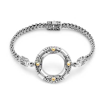 Gold & Silver bracelet, scale dragon chain round 6mm, spring lock with 18K gold hammer motif and white topaz pave stones