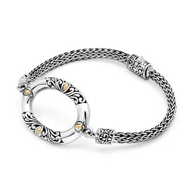 Gold & Silver bracelet, scale dragon chain round 6mm, spring lock with 18K gold hammer motif and white topaz pave stones