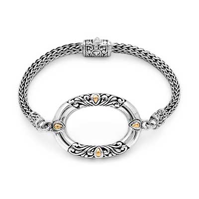 Gold & Silver bracelet, scale dragon chain round 6mm, spring lock with 18K gold hammer motif and white topaz pave stones