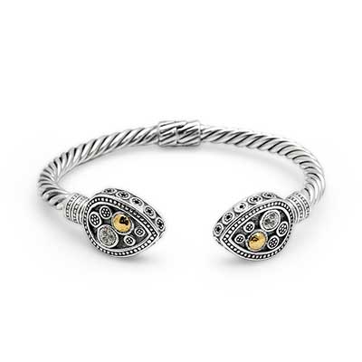 Gold & Silver bracelet, scale dragon chain round 6mm, spring lock with 18K gold hammer motif and white topaz pave stones