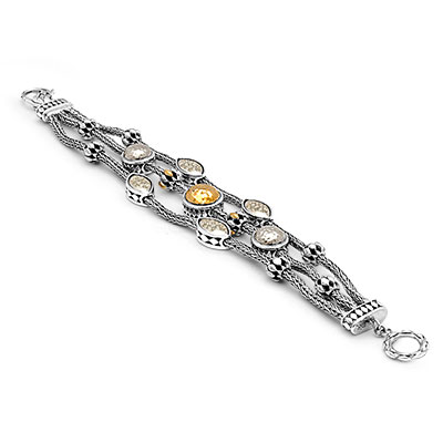 Gold & Silver bracelet, scale dragon chain round 6mm, spring lock with 18K gold hammer motif and white topaz pave stones