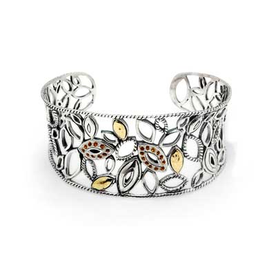 Gold & Silver bracelet, scale dragon chain round 6mm, spring lock with 18K gold hammer motif and white topaz pave stones