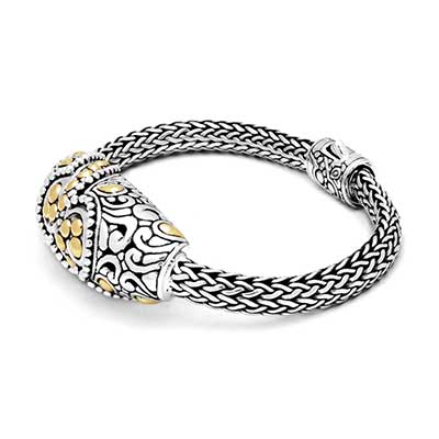 Gold & Silver bracelet, scale dragon chain round 6mm, spring lock with 18K gold hammer motif and white topaz pave stones