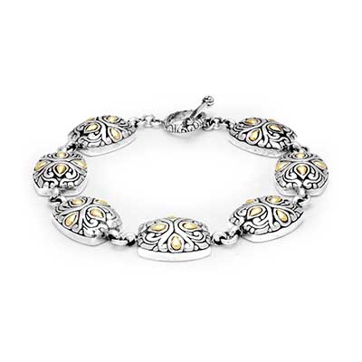 Gold & Silver bracelet, scale dragon chain round 6mm, spring lock with 18K gold hammer motif and white topaz pave stones