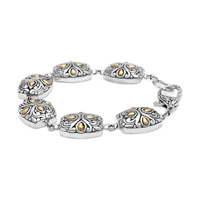 Gold & Silver bracelet, scale dragon chain round 6mm, spring lock with 18K gold hammer motif and white topaz pave stones