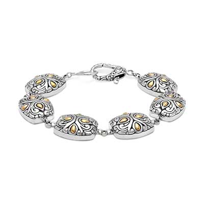 Gold & Silver bracelet, scale dragon chain round 6mm, spring lock with 18K gold hammer motif and white topaz pave stones