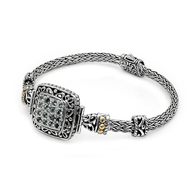 Gold & Silver bracelet, scale dragon chain round 6mm, spring lock with 18K gold hammer motif and white topaz pave stones