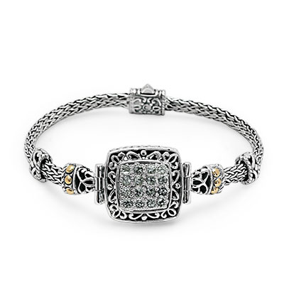 Gold & Silver bracelet, scale dragon chain round 6mm, spring lock with 18K gold hammer motif and white topaz pave stones