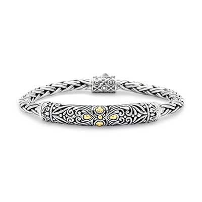 Gold & Silver bracelet, scale dragon chain round 6mm, spring lock with 18K gold hammer motif and white topaz pave stones