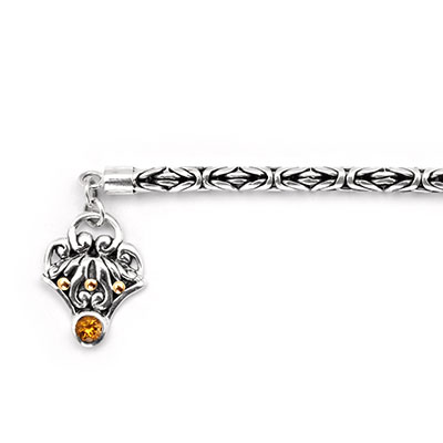 Gold & Silver bracelet, scale dragon chain round 6mm, spring lock with 18K gold hammer motif and white topaz pave stones