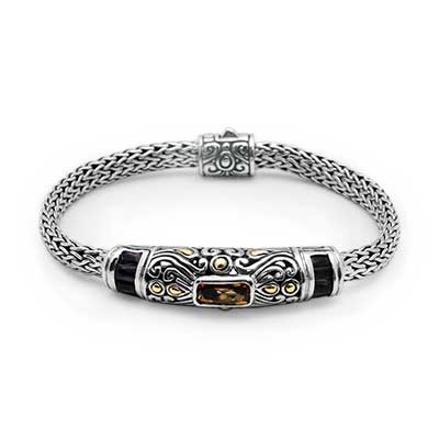 Gold & Silver bracelet, scale dragon chain round 6mm, spring lock with 18K gold hammer motif and white topaz pave stones