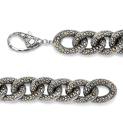 Gold & Silver bracelet, scale dragon chain round 6mm, spring lock with 18K gold hammer motif and white topaz pave stones