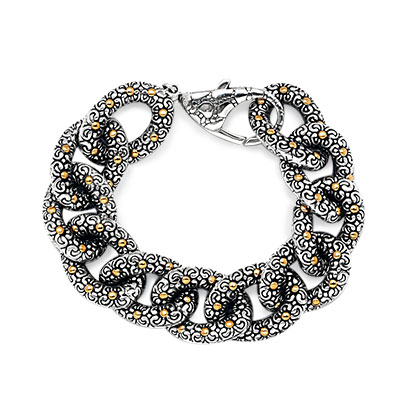 Gold & Silver bracelet, scale dragon chain round 6mm, spring lock with 18K gold hammer motif and white topaz pave stones