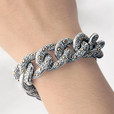 Gold & Silver bracelet, scale dragon chain round 6mm, spring lock with 18K gold hammer motif and white topaz pave stones