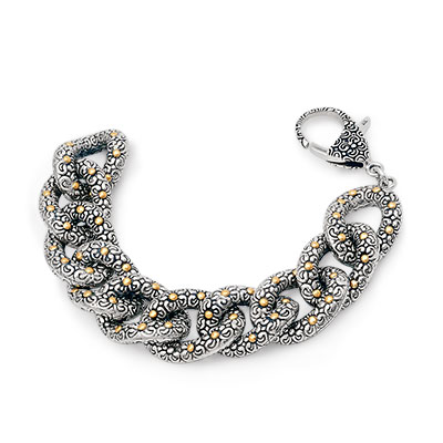 Gold & Silver bracelet, scale dragon chain round 6mm, spring lock with 18K gold hammer motif and white topaz pave stones