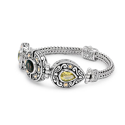 Gold & Silver bracelet, scale dragon chain round 6mm, spring lock with 18K gold hammer motif and white topaz pave stones